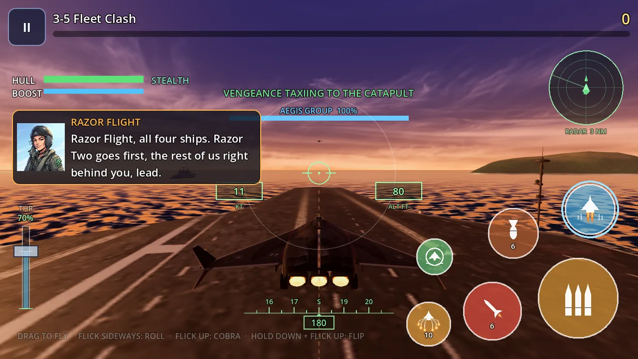 The XF-77 taxiing to the catapult at dusk in Fleet Clash, Razor 2 already airborne ahead