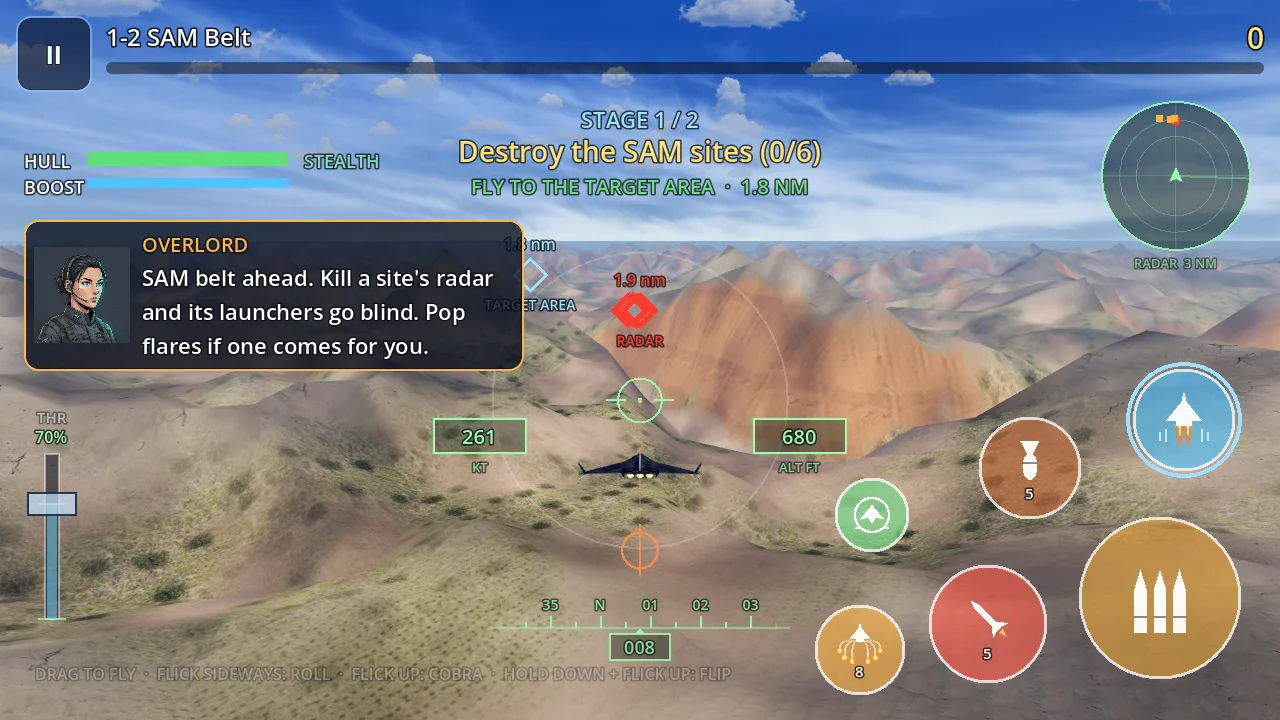 The XF-77 low over the Redrock Range, closing on the first SAM site’s radar