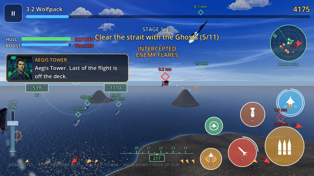 A J-35 in the sights over the volcanic isles in Wolfpack, with the Ghost drones alongside