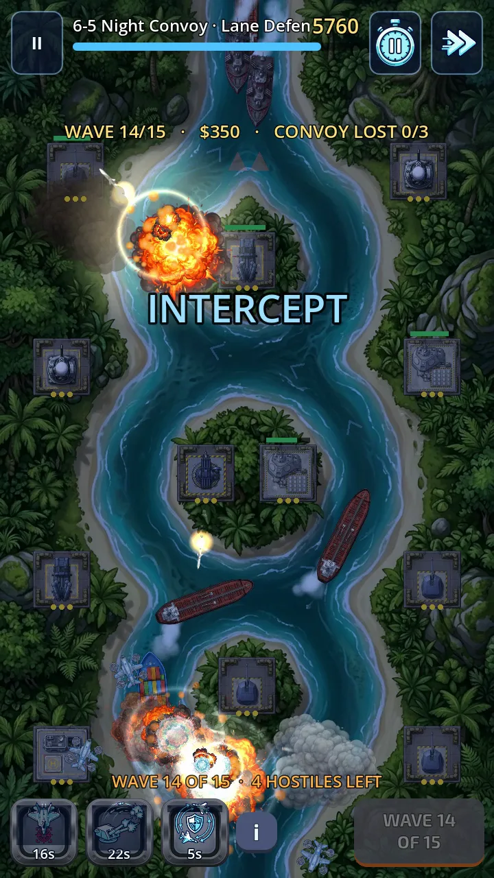 Towers intercepting threats over tankers in a night channel