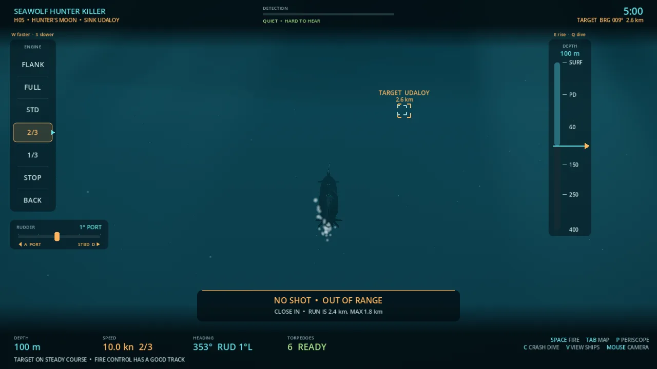 The Seawolf underwater with the target marker and fire-control panel on an Udaloy-class destroyer
