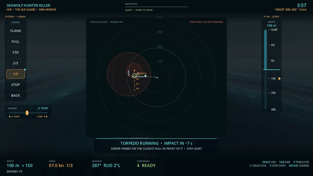 The tactical map with escorts’ red listening rings and the target marker