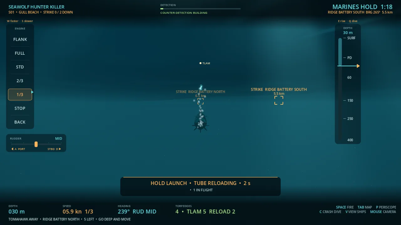 A Tomahawk climbing away from the Seawolf at 30 m toward the ridge batteries, with the fire panel holding for the reload