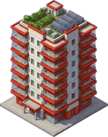 A condo tower painted in #e0402a