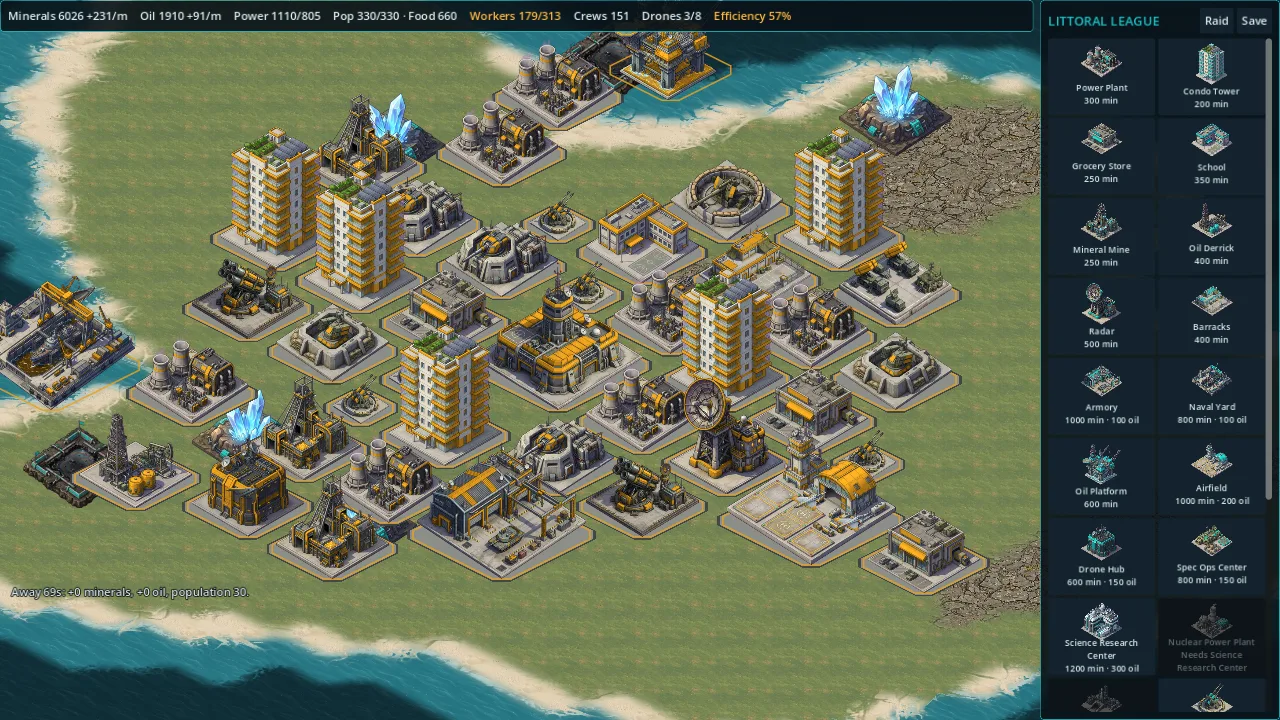 The base screen with minerals, oil, power, population and food along the top and the build menu on the right