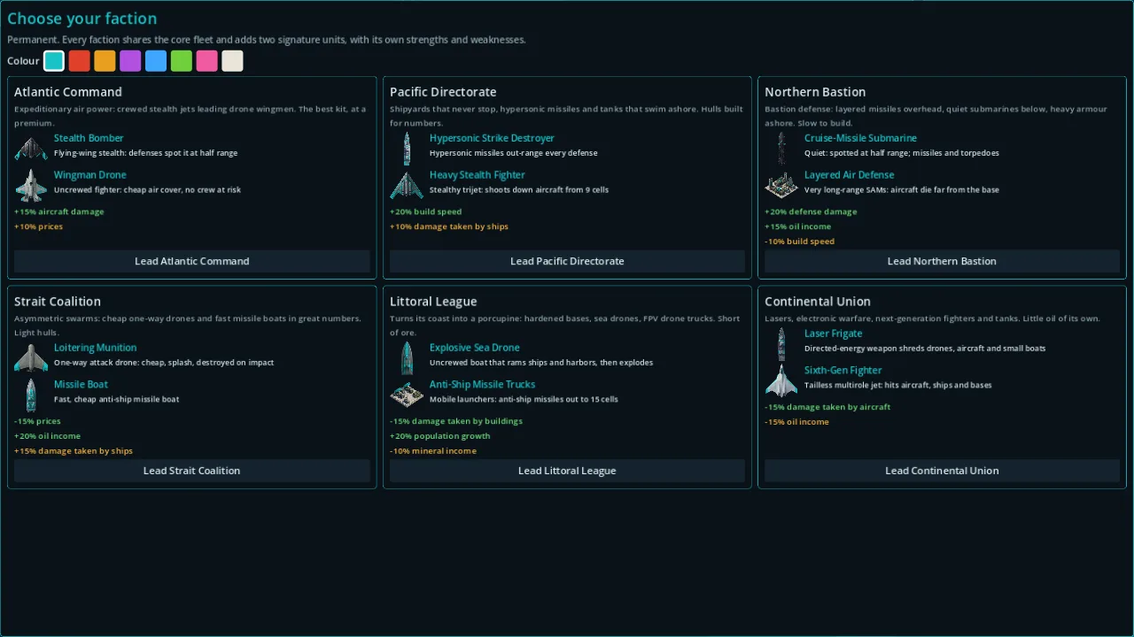 The faction picker: six faction cards and eight team colours