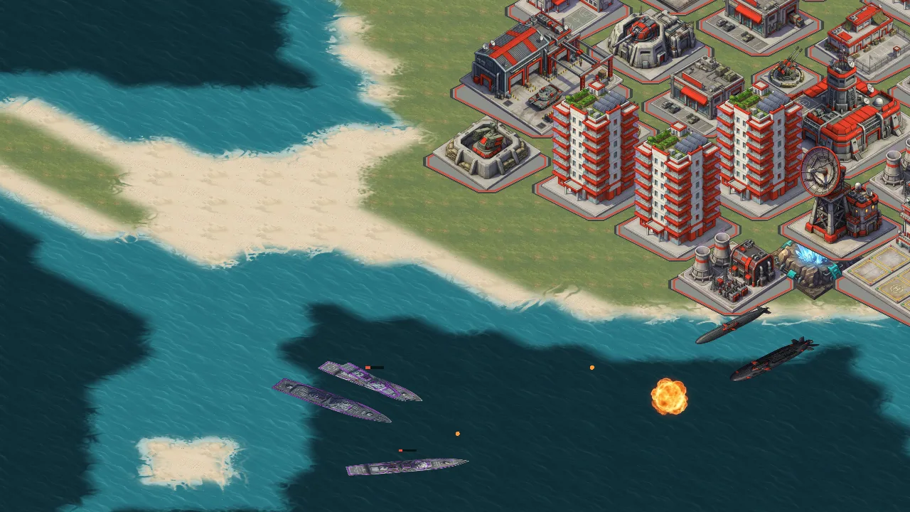 Purple-marked warships firing at an island’s coastal defenses